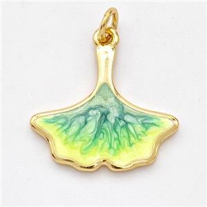 Copper Ginkgo-Leaf Pendant Yellowgreen Painted 18K Gold Plated, approx 18-20mm