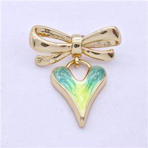 Copper Bowknot Heart Pendant Yellowgreen Painted 18K Gold Plated, approx 14-19mm, 9-23mm