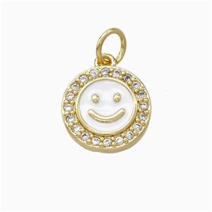 Copper Emoji Pendant Pave Zirconia White Enamel Smile Face Gold Plated, approx 11.5mm