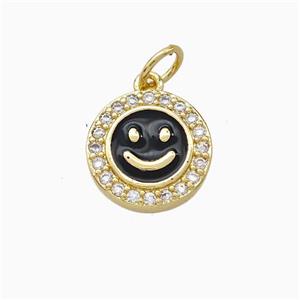 Copper Emoji Pendant Pave Zirconia Black Enamel Smile Face Gold Plated, approx 11.5mm