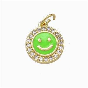 Copper Emoji Pendant Pave Zirconia Green Enamel Smile Face Gold Plated, approx 11.5mm