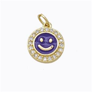 Copper Emoji Pendant Pave Zirconia Purple Enamel Smile Face Gold Plated, approx 11.5mm