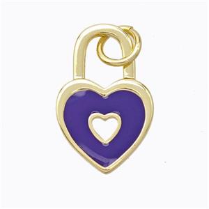 Copper Heart Lock Pendant Purple Enamel Gold Plated, approx 12-19mm