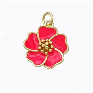 Copper Flower Pendant Red Enamel Gold Plated, approx 15mm