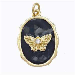 Copper Butterfly Pendant Pave Zirconia Black Enamel Oval Gold Plated, approx 16-20mm