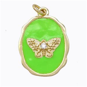 Copper Butterfly Pendant Pave Zirconia Green Enamel Oval Gold Plated, approx 16-20mm