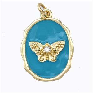 Copper Butterfly Pendant Pave Zirconia Teal Enamel Oval Gold Plated, approx 16-20mm