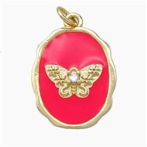 Copper Butterfly Pendant Pave Zirconia Red Enamel Oval Gold Plated, approx 16-20mm