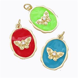 Copper Butterfly Pendant Pave Zirconia Enamel Oval Gold Plated Mixed, approx 16-20mm