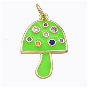 Copper Mushroom Pendant Micro Pave Zirconia Green Enamel Gold Plated, approx 16-20mm