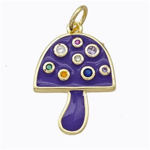 Copper Mushroom Pendant Micro Pave Zirconia Purple Enamel Gold Plated, approx 16-20mm