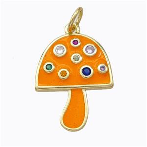 Copper Mushroom Pendant Micro Pave Zirconia Orange Enamel Gold Plated, approx 16-20mm