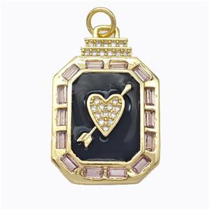 Cupid Arrow Heart Charms Copper Pendant Pave Zirconia Black Enamel Rectangle Gold Plated, approx 16-23mm