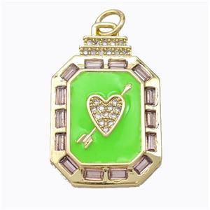 Cupid Arrow Heart Charms Copper Pendant Pave Zirconia Green Enamel Rectangle Gold Plated, approx 16-23mm