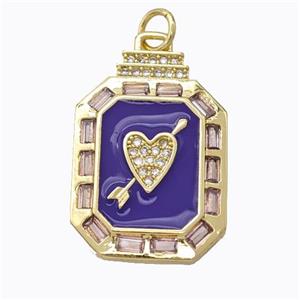 Cupid Arrow Heart Charms Copper Pendant Pave Zirconia Purple Enamel Rectangle Gold Plated, approx 16-23mm