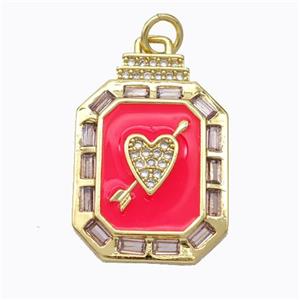 Cupid Arrow Heart Charms Copper Pendant Pave Zirconia Red Enamel Rectangle Gold Plated, approx 16-23mm