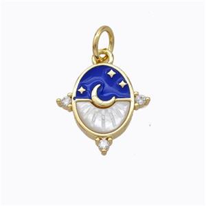 Copper Moon Pendant Pave Shell Blue Enamel Star Gold Plated, approx 10-12mm