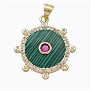 Copper Circle Pendant Pave Malachite Zirconia Gold Plated, approx 18mm