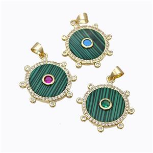 Copper Circle Pendant Pave Malachite Zirconia Gold Plated Mixed, approx 18mm