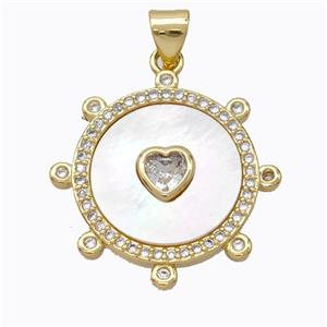 Copper Circle Pendant Pave Shell Heart Zirconia Gold Plated, approx 18mm