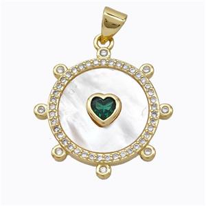 Copper Circle Pendant Pave Shell Heart Zirconia Gold Plated, approx 18mm