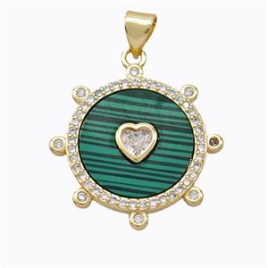 Copper Circle Pendant Pave Malachite Heart Zirconia Gold Plated, approx 18mm