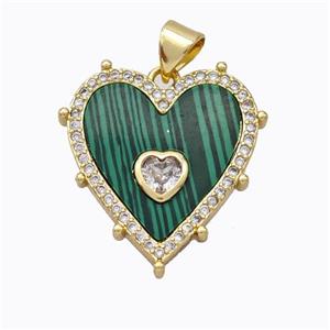 Copper Heart Pendant Pave Malachite Zirconia Gold Plated, approx 20mm