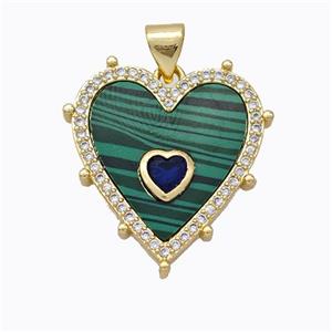 Copper Heart Pendant Pave Malachite Zirconia Gold Plated, approx 20mm