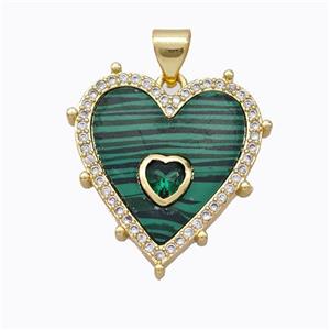 Copper Heart Pendant Pave Malachite Zirconia Gold Plated, approx 20mm