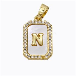 Copper Letter-N Pendant Pave Shell Zirconia Gold Plated, approx 12-16mm