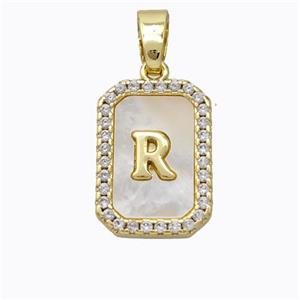 Copper Letter-R Pendant Pave Shell Zirconia Gold Plated, approx 12-16mm