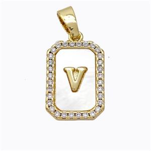 Copper Letter-V Pendant Pave Shell Zirconia Gold Plated, approx 12-16mm