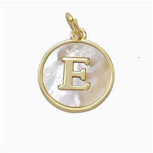 Copper Letter-E Pendant Pave Shell Gold Plated, approx 16mm