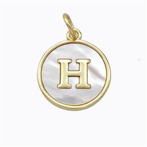 Copper Letter-H Pendant Pave Shell Gold Plated, approx 16mm