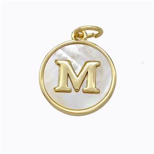 Copper Letter-M Pendant Pave Shell Gold Plated, approx 16mm