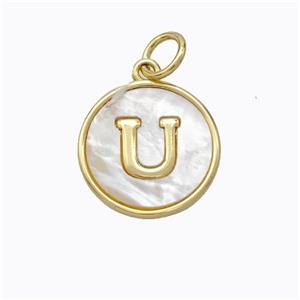 Copper Letter-U Pendant Pave Shell Gold Plated, approx 16mm