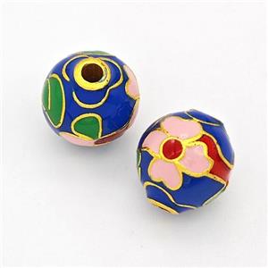 Copper Round Beads Cloisonne Multicolor Flower Gold Plated, approx 10-11mm