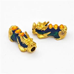 Copper Pixiu Charms Beads Bluegreen Enamel Large Hole Gold Plated, approx 13-26mm, 4mm hole