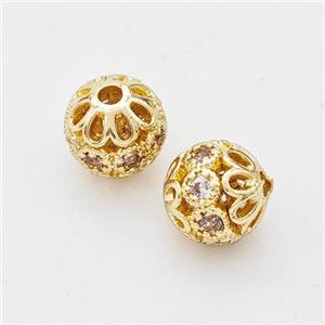 Copper Round Beads Micro Pave Zirconia Hollow Gold Plated, approx 8mm