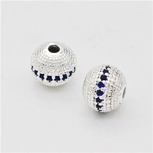 Copper Round Beads Micro Pave Blue Zirconia Shiny Silver, approx 8mm