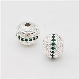 Copper Round Beads Micro Pave Green Zirconia Shiny Silver, approx 8mm