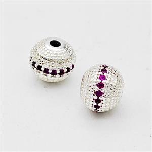 Copper Round Beads Micro Pave Fuchsia Zirconia Shiny Silver, approx 8mm