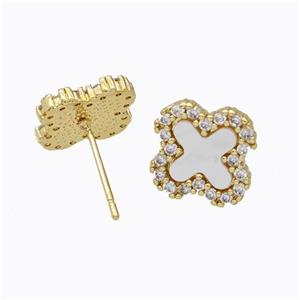 Copper Clover Stud Earrings Pave Zirconia Shell Gold Plated, approx 13mm