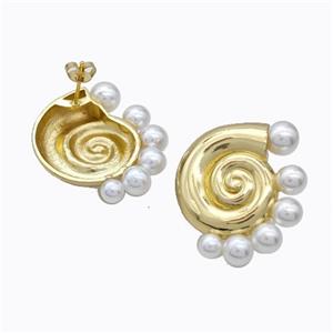 Copper Stud Earrings Pave Pearlized Resin Spiral Shell Gold Plated, approx 26-30mm