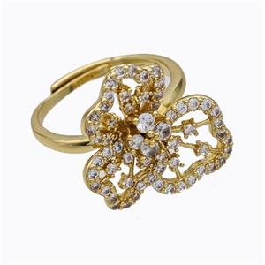 Copper Flower Rings Micropave Zirconia Adjustable Gold Plated, approx 20mm, 18mm dia