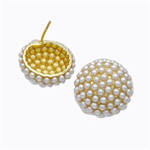 Copper Stud Earrings Micropave Pearlized Resin Button Gold Plated, approx 21mm