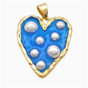 Copper Heart Pendant Pave Pearlized Resin Blue Gold Plated, approx 20-25mm