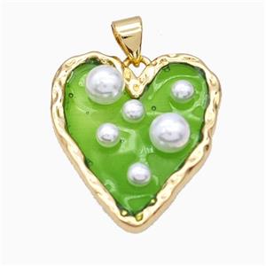 Copper Heart Pendant Pave Pearlized Resin Green Gold Plated, approx 20-25mm