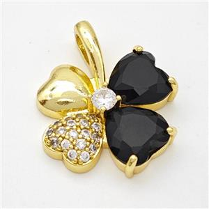 Copper Clover Pendant Pave Zirconia Black Crystal Glass Gold Plated, approx 20-24mm