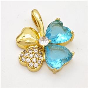 Copper Clover Pendant Pave Zirconia Aqua Crystal Glass Gold Plated, approx 20-24mm